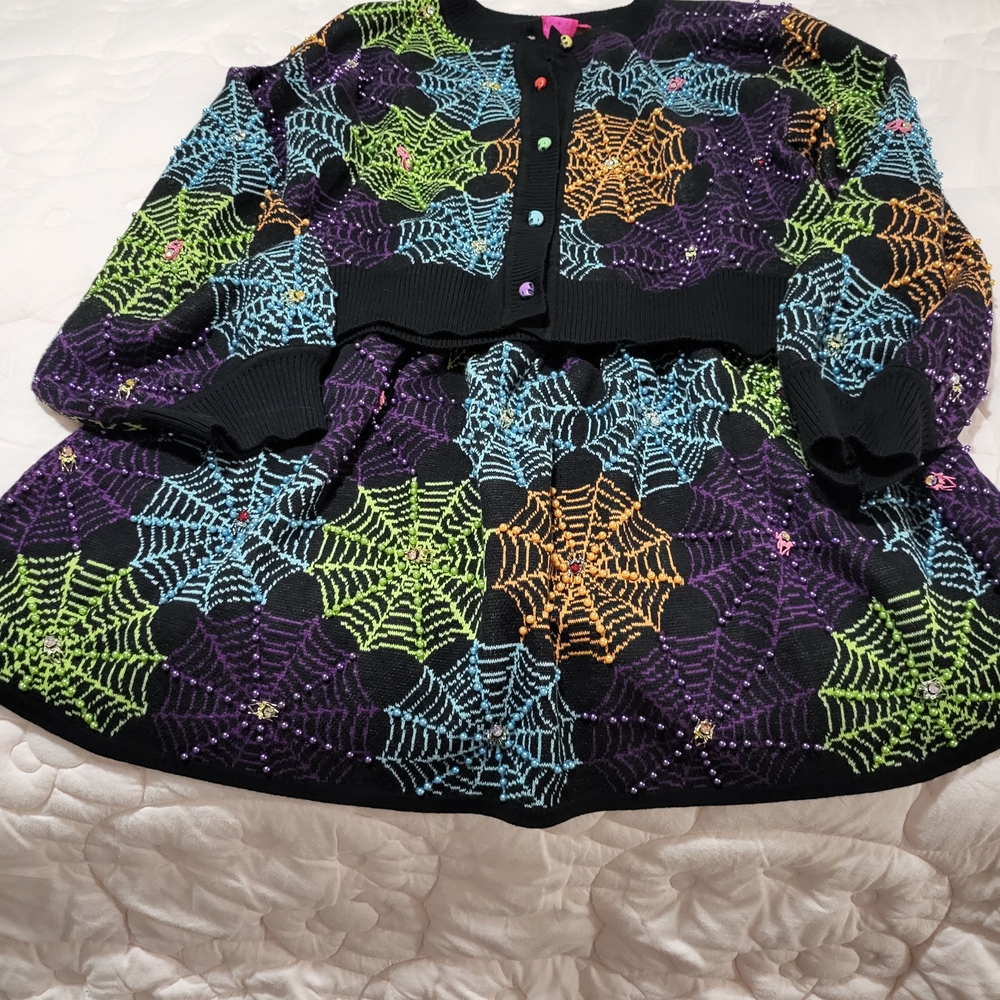 Queen Of Sparkles Colorful Spider Web Skirt (Medium) Cardigan (Small) Set